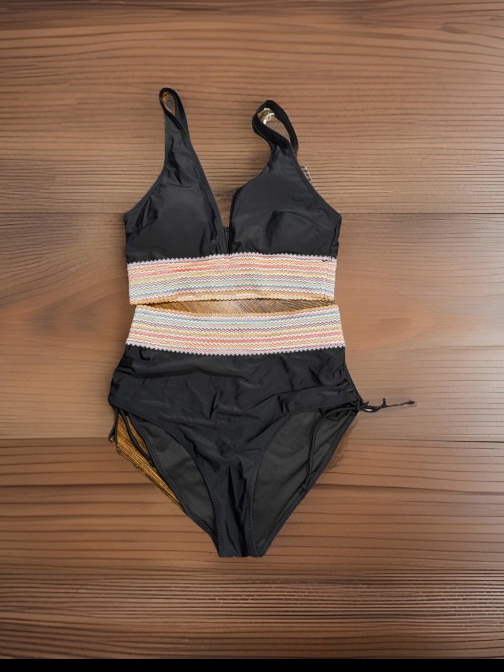 Black Two-Piece Swim with Multicolor Waistband